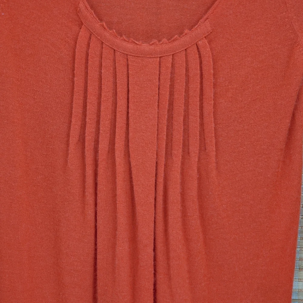 ♧ Henri Bendel Orange Cashmere Pleated Scoopneck Short Sleeve Sweater Size Small